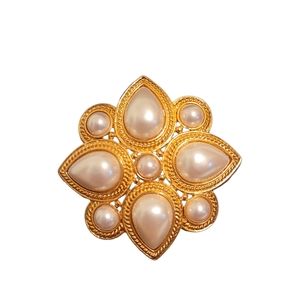 Vintage Ben-Amun Cabochon Faux Pearl and Gold Plated Flower Brooch Pin Accessory